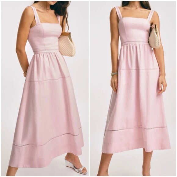 NEW Reformation Everett Linen Midi Dress Cherry Blossom Light Pink | US 6 UK 10 - Picture 1 of 15
